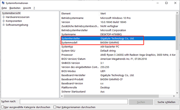 Sie können auf der rechten Seite die Informationen zu Systemhersteller und Systemmodell prüfen.