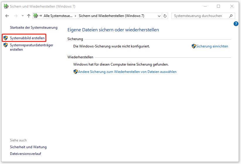 in der Systemsteuerung auf „Systemabbild erstellen“ klicken