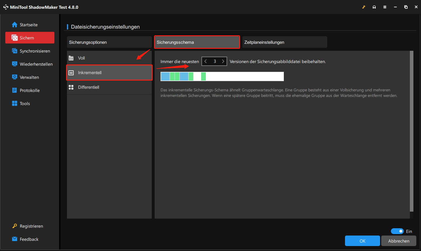 inkrementelle Backup über die Option „Sicherungsschema“ in MiniTool ShadowMaker einrichten