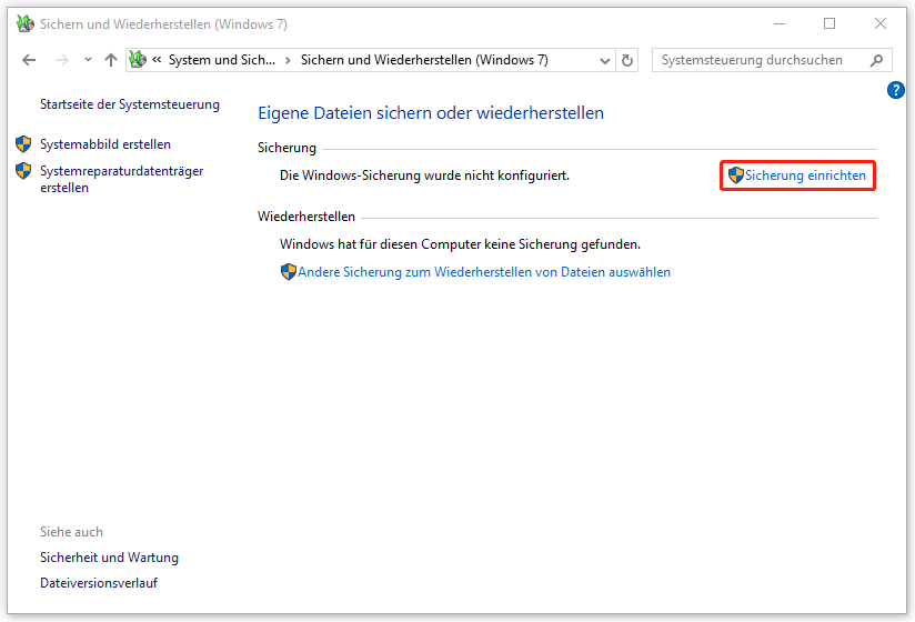 in „Sichern und Wiederherstellen (Windows 7)“ auf „Sicherung einrichten“ klicken