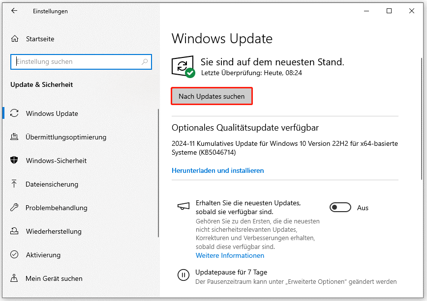 Klicken Sie im Fenster „Windows Update“ auf Nach Updates suchen.