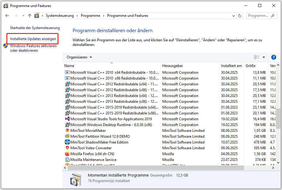 Klicken Sie im Fenster Programme und Features auf Installierte Updates anzeigen