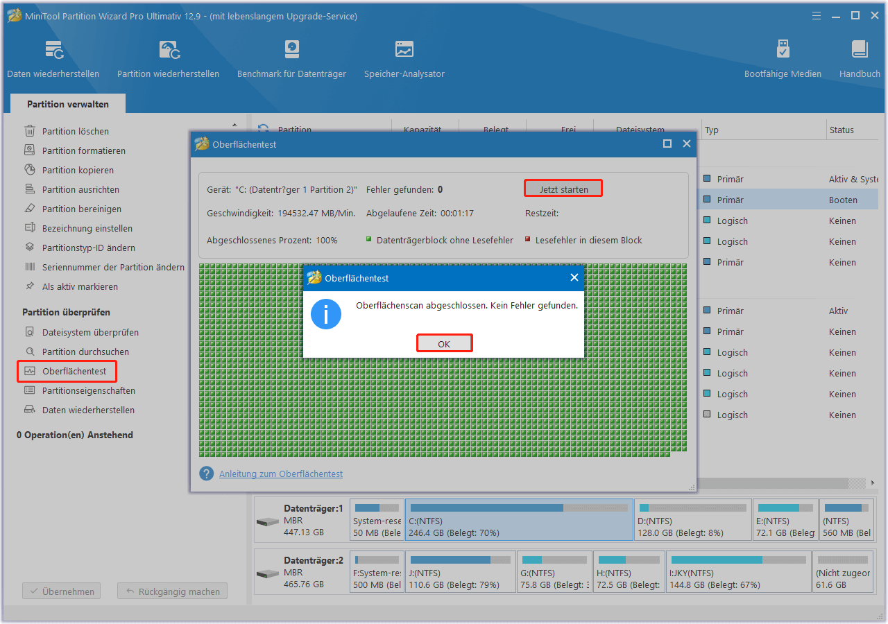 Verwenden Sie die Funktion Oberflächentest in MiniTool Partition Wizard