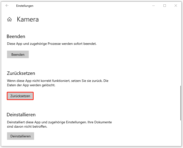 Kamera-App in Windows 11 über die Einstellungen zurücksetzen
