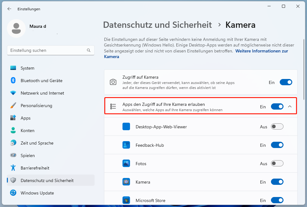Option „Apps den Zugriff auf Ihre Kamera erlauben“ aktivieren