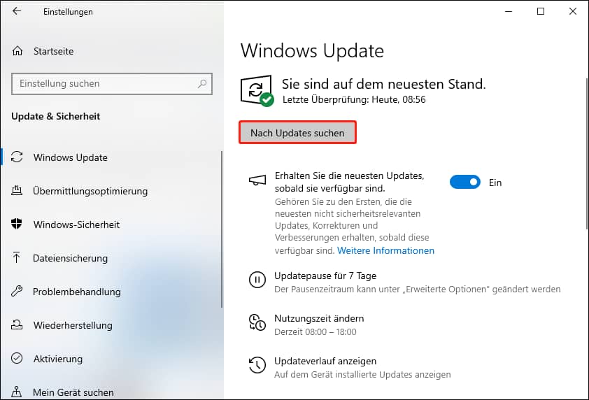 Klicken Sie auf Nach Updates suchen, um nach verfügbaren Updates auf Ihrem Computer zu suchen