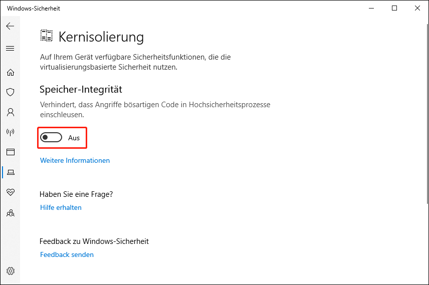 Schalten Sie den Schalter auf Aus, um die Speicher-Integrität zu deaktivieren.
