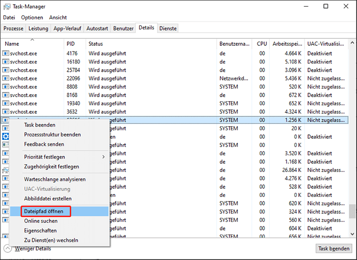 Suchen Sie den Task mit dem Namen zksvc.exe, klicken Sie mit der rechten Maustaste darauf und wählen Sie Dateipfad öffnen.