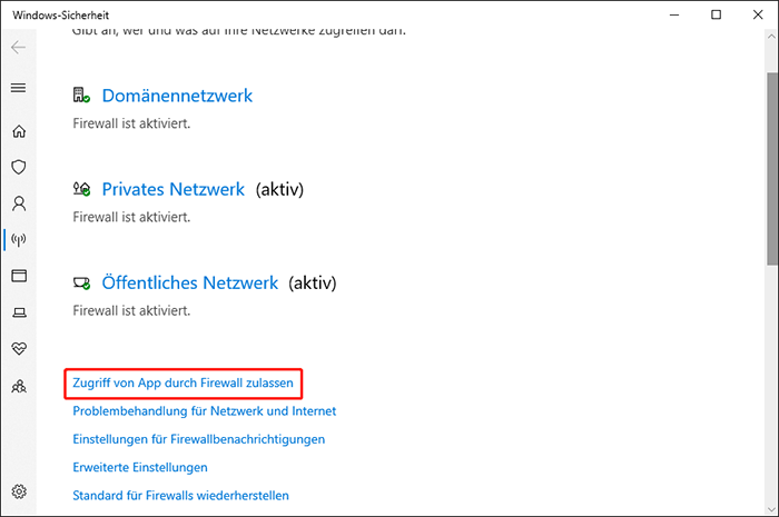 Klicken Sie auf Zugriff von App durch Firewall zulassen.