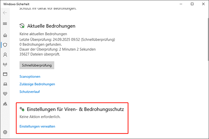 Wählen Sie im Popup-Fenster Einstellungen verwalten unter den Einstellungen für Viren- & Bedrohungsschutz.