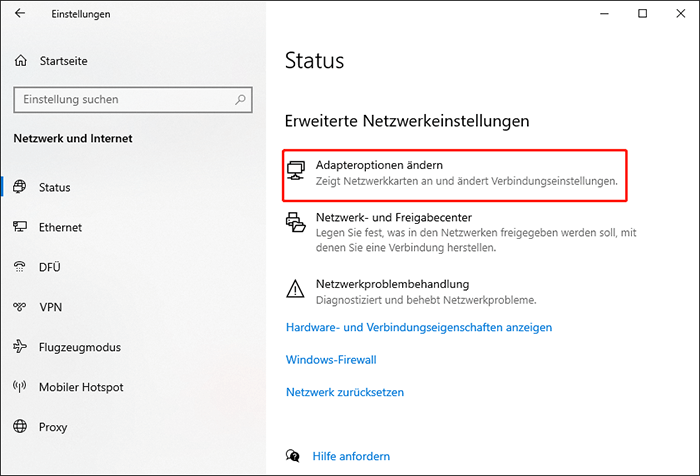 Klicken Sie im Status-Tab unter Erweiterte Netzwerkeinstellungen auf Adapteroptionen ändern.