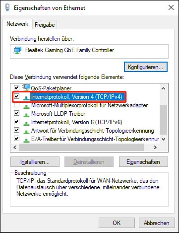 Aktivieren Sie im Popup-Fenster das Kontrollkästchen für Internetprotokoll Version 4 (TCP/IPv4).