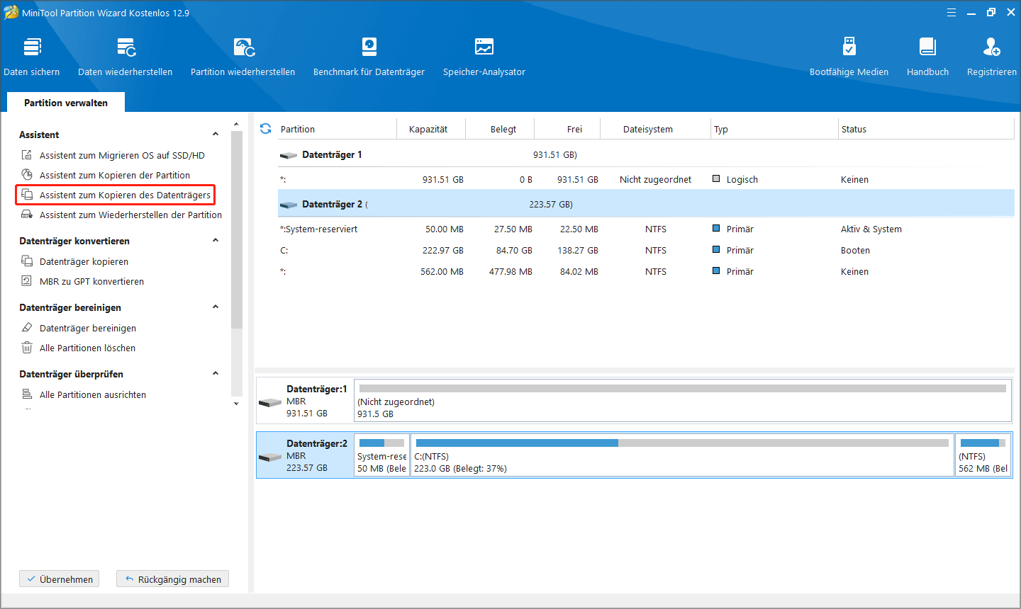 in MiniTool Partition Wizard auf „Assistent zum Kopieren des Datenträgers“ klicken