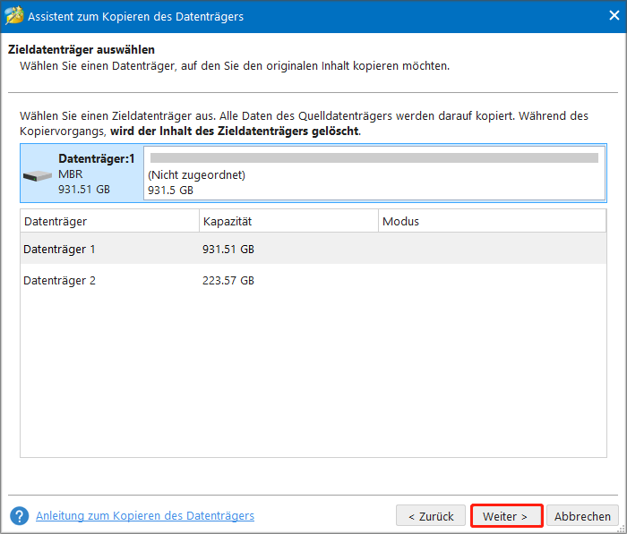 alte HDD als Quelldatenträger und SanDisk SSD als Zieldatenträger auswählen