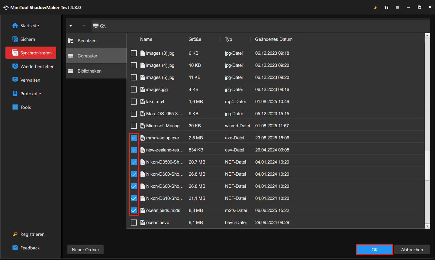 zu synchronisierende Dateien und Ordner in MiniTool ShadowMaker auswählen