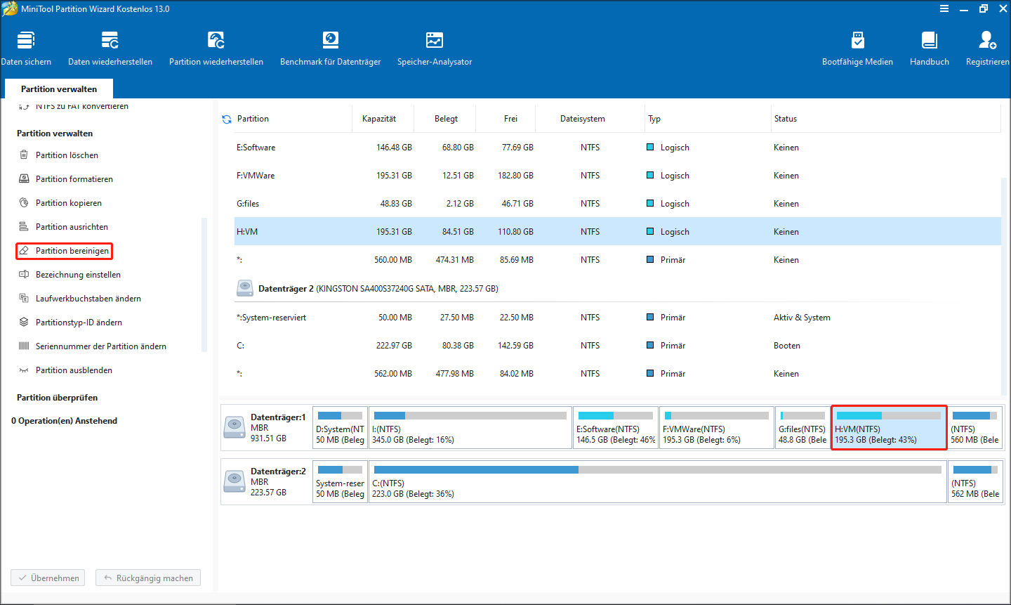 zu bereinigende Partition auswählen und auf die Funktion „Partition bereinigen“ klicken
