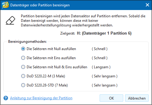 eine Bereinigungsmethode im Popup-Fenster auswählen