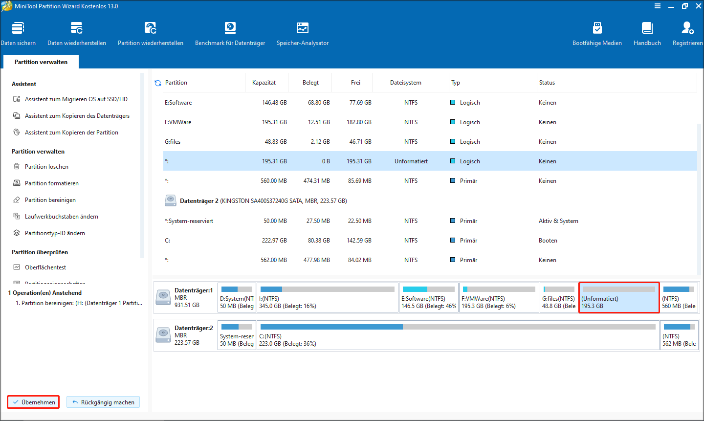 Bereinigung in MiniTool Partition Wizard durch Klick auf „Übernehmen“ starten