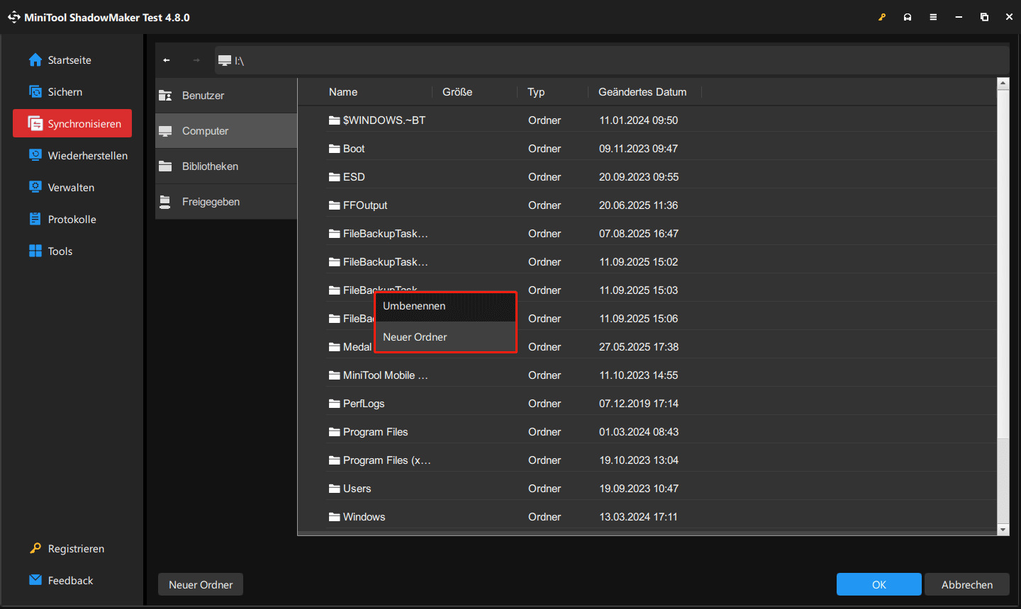 Zielordner umbenennen oder einen neuen Ordner erstellen