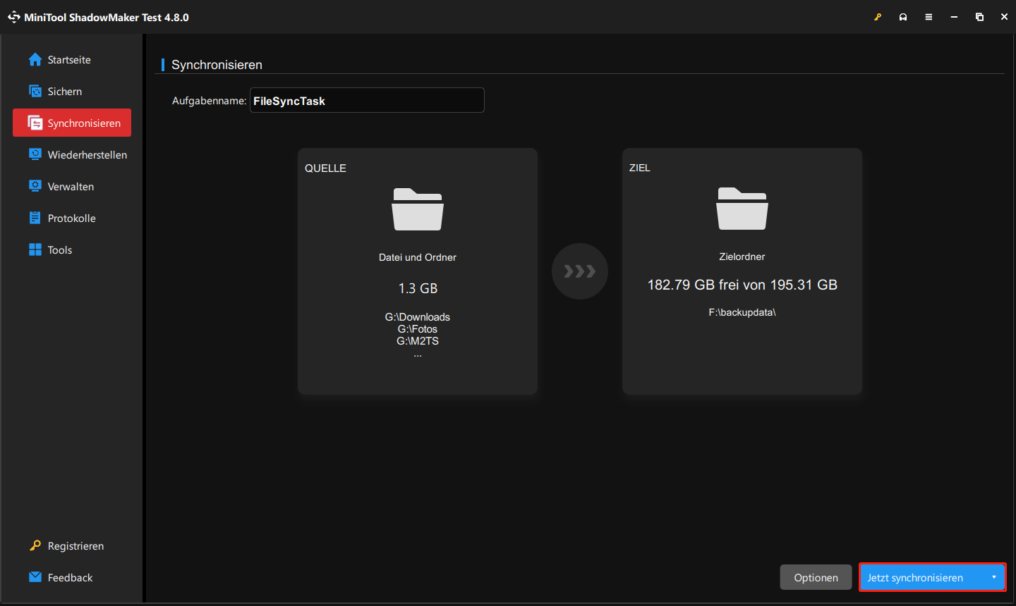 Synchronisierungsaufgabe mit „Jetzt synchronisieren“ starten