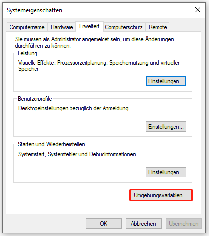 im Fenster „Systemeigenschaften“ auf „Umgebungsvariablen“ klicken