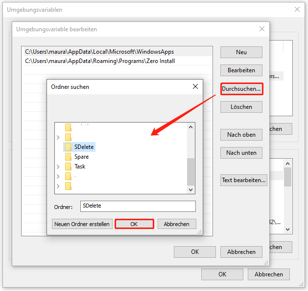 SDelete-Ordner auswählen und zur Liste hinzufügen