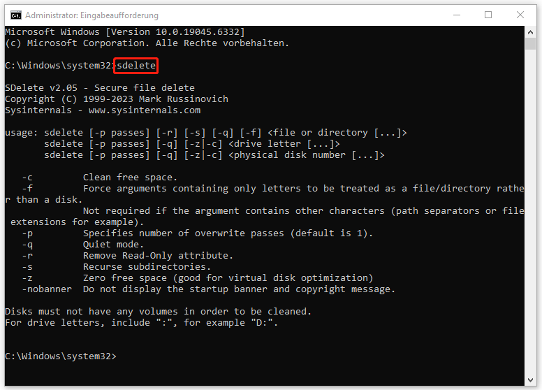 sdelete in der Eingabeaufforderung ausführen