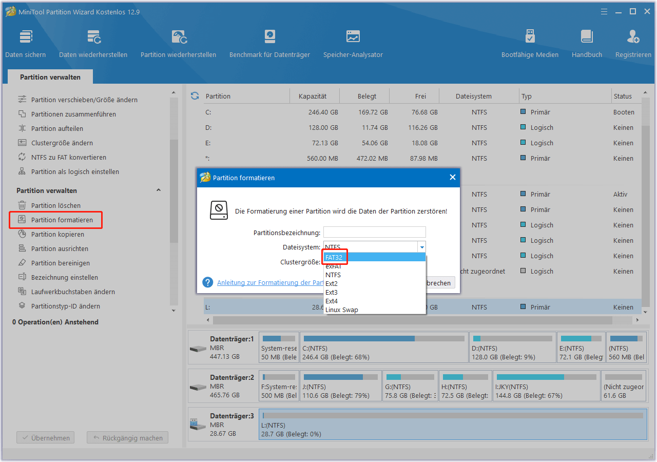 Mit MiniTool Partition Wizard das USB-Flash-Laufwerk auf FAT32 formatieren