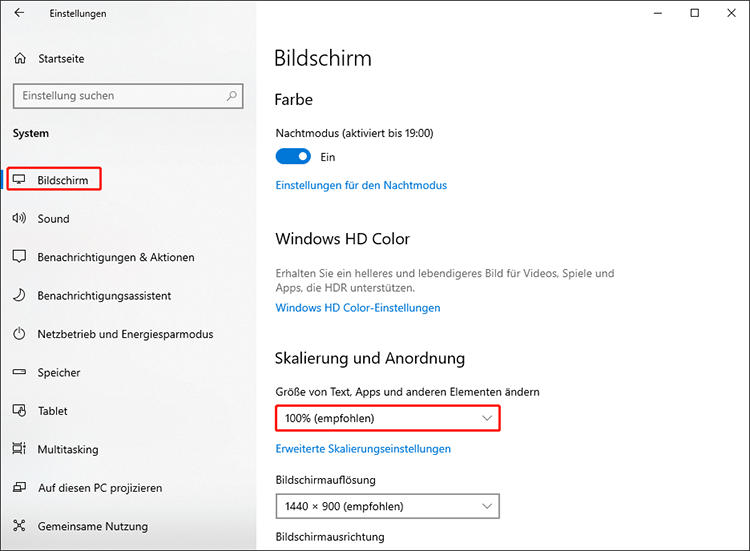 Setzen Sie die Anzeige-Skalierung auf 100 %