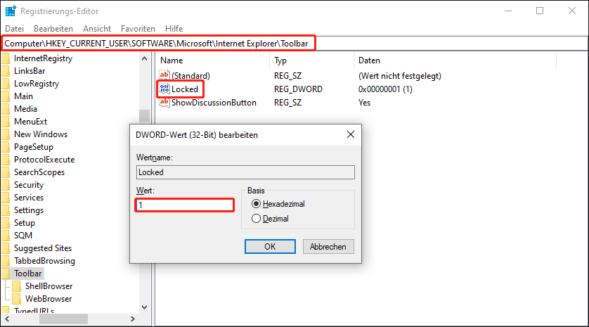 Setzen Sie den Wert auf 1