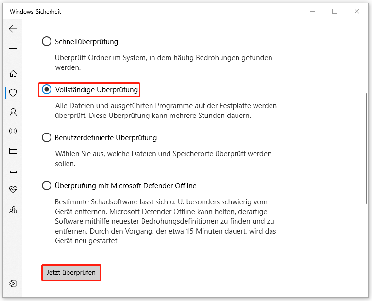 Vollständige Überprüfung über die Windows-Sicherheit durchführen