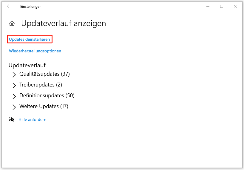 im Fenster „Updateverlauf anzeigen“ auf „Updates deinstallieren“ klicken