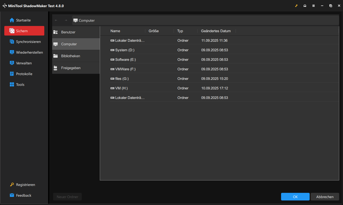Ein Laufwerk in MiniTool ShadowMaker zur Speicherung von Backups auswählen