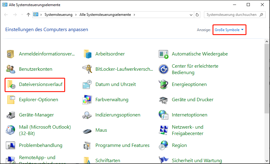 Wählen Sie Große Symbole aus dem Dropdown-Menü Anzeigen nach und gehen Sie dann zum Abschnitt Dateiversionsverlauf aus der Liste.