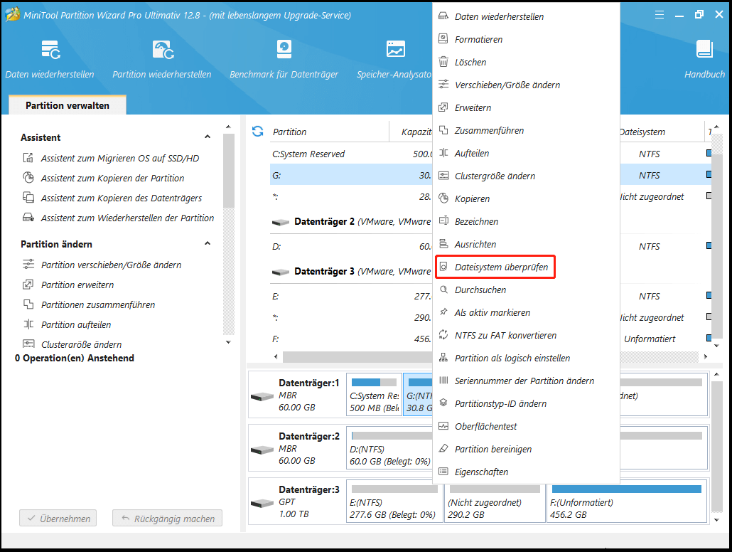 Verwendung von Dateisystem überprüfen in MiniTool Partition Wizard