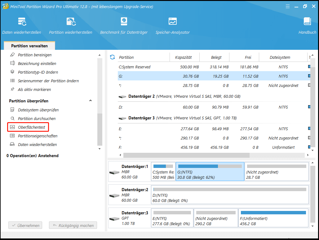 Die Verwendung von Oberflächentest in MiniTool Partition Wizard