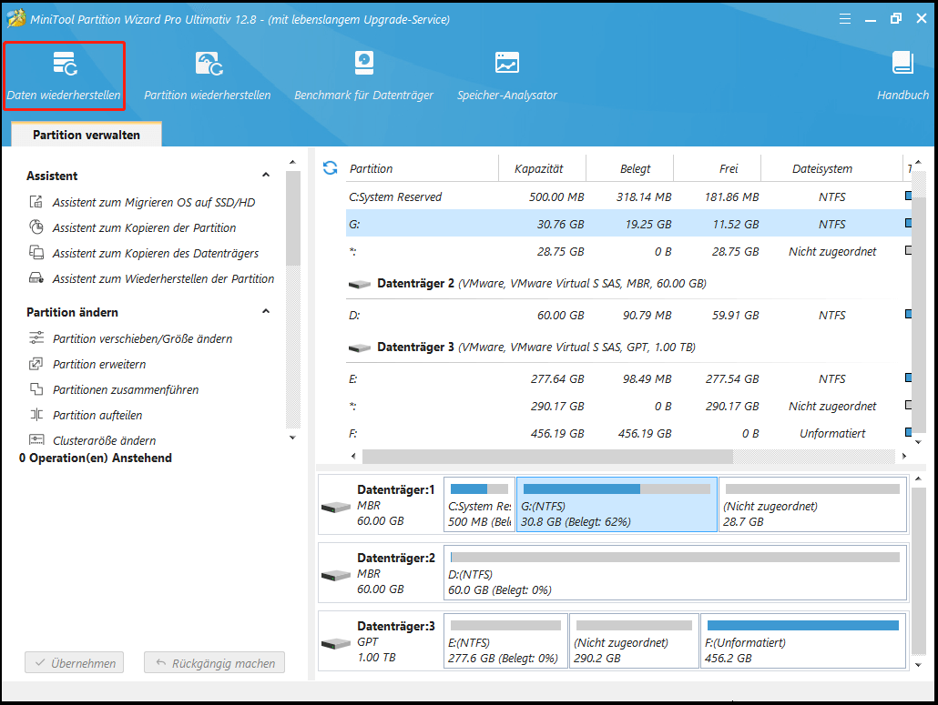 Klick auf Datenwiederherstellung in MiniTool Partition Wizard