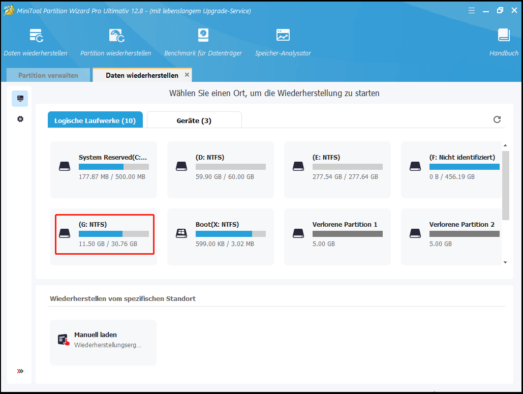 Mit MiniTool Partition Wizard Partition zum Scannen auswählen