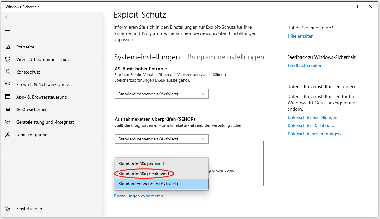 Deaktivieren von SEHOP in Windows-Sicherheit