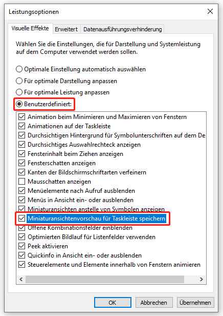 „Miniaturansichtenvorschau für Taskleiste speichern“ im Fenster „Leistungsoptionen“ aktivieren