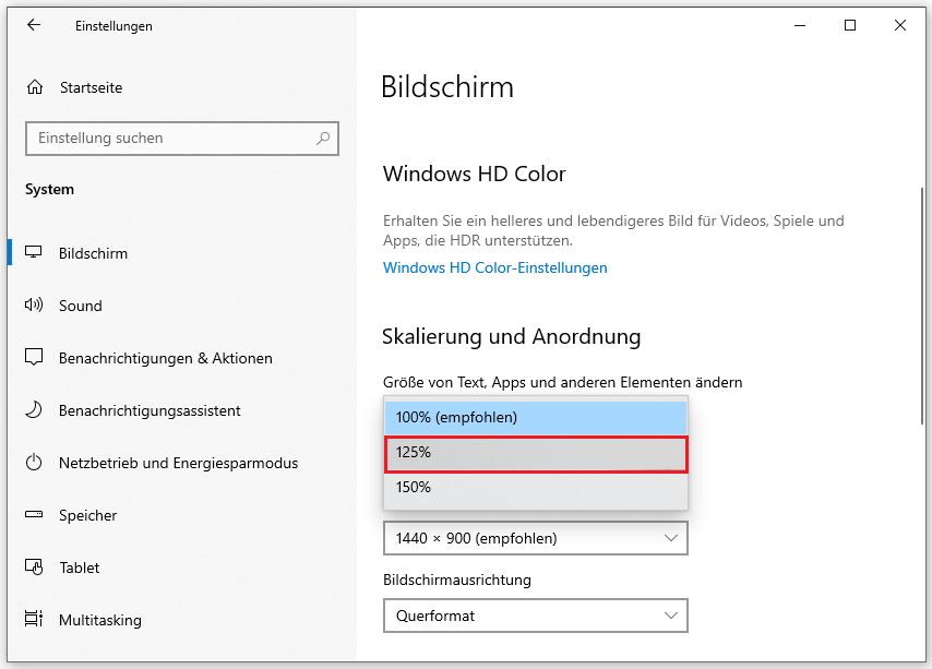 Skalierung in den Windows-Einstellungen auf 125% ändern