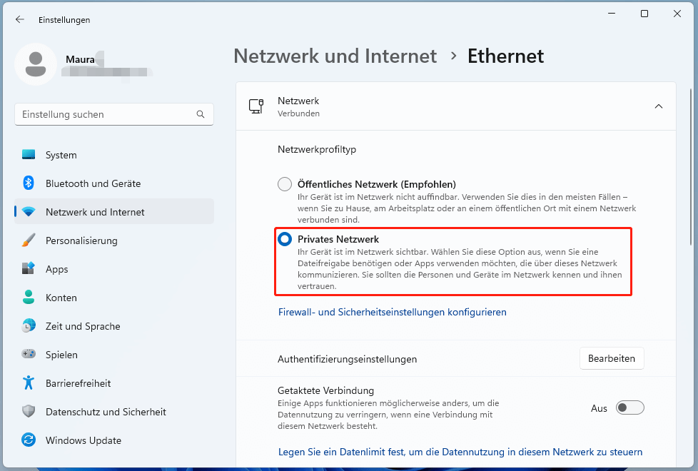 „Ethernet“ in den Windows 11-Einstellungen öffnen und „Privates Netzwerk“ wählen
