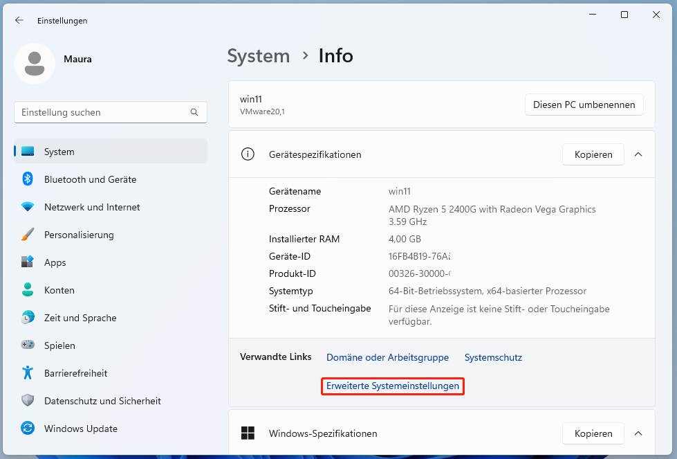 klicken Sie in den Windows 11-Einstellungen auf „Info“ und dann auf „Erweiterte Einstellungen“