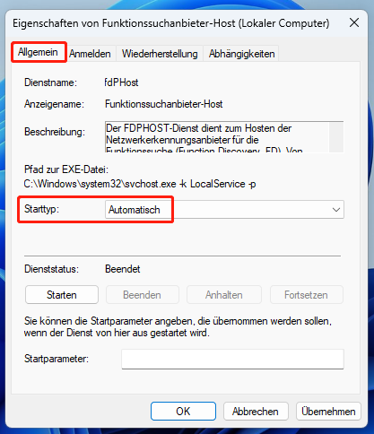 Starttyp des Dienstes „Funktionssuchanbieter-Host“ auf „Automatisch“ ändern