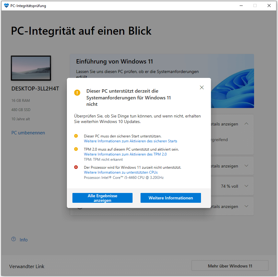Screenshot von PC Health Check, der zeigt, dass Ihr PC die Anforderungen für Windows 11 nicht erfüllt