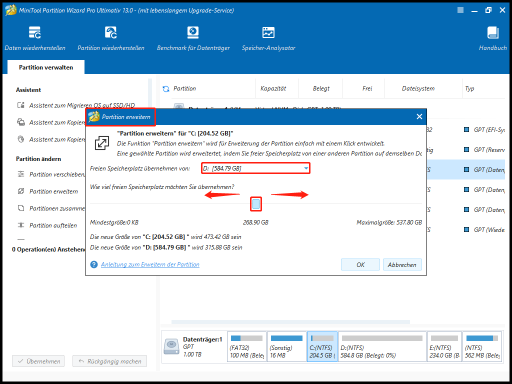 Screenshot, der zeigt, dass Sie die Funktion Erweitern in MiniTool Partition Wizard verwenden können, um systembezogene Partitionen zu erweitern