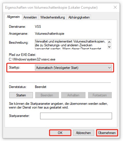Starttyp von Volumeschattenkopie auf „Automatisch (Verzögerter Start)“ ändern