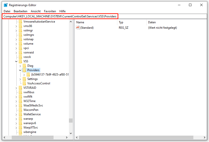 VSS-Anbieter im Registrierungs-Editor finden