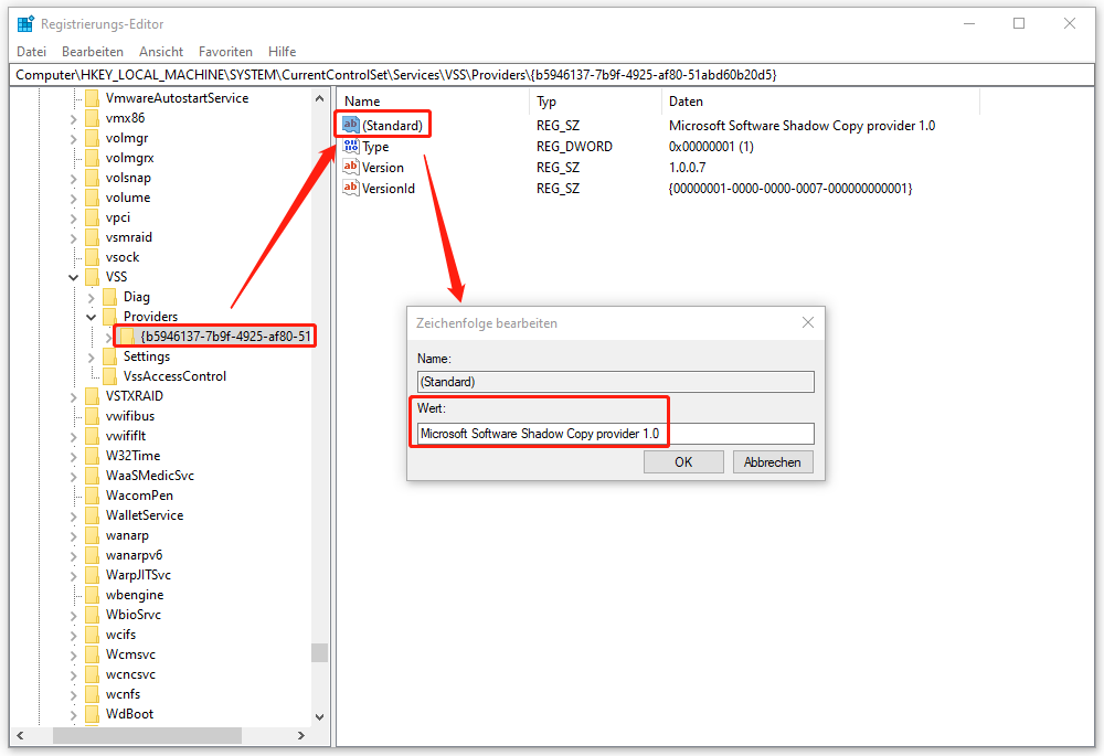 Wert von (Standard) durch Doppelklicken überprüfen