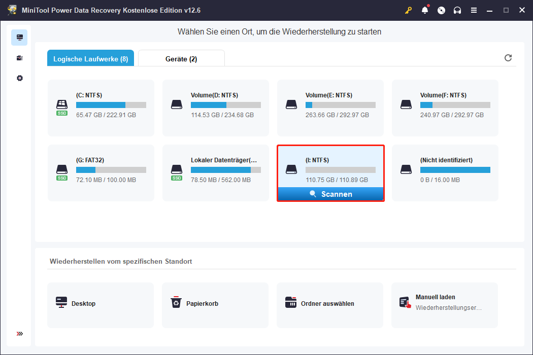 Bewegen Sie den Mauszeiger auf die Festplatte und klicken Sie auf die Schaltfläche Scannen, um den Scan zu starten.